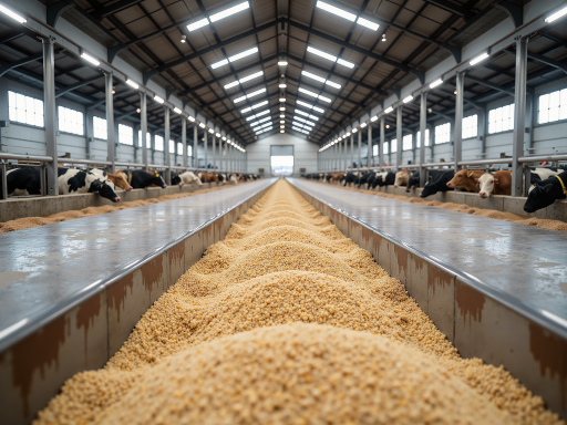 Modern livestock farm building with steel frame structure, green and brown color scheme, agricultural setting, well-ventilated design