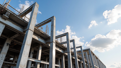 Large modern steel structure warehouse building with industrial architecture, metallic framework, clear sky background, professional construction site view