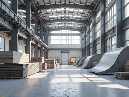 Large modern warehouse building with steel frame structure, blue roof panels, concrete foundation, tropical vegetation background